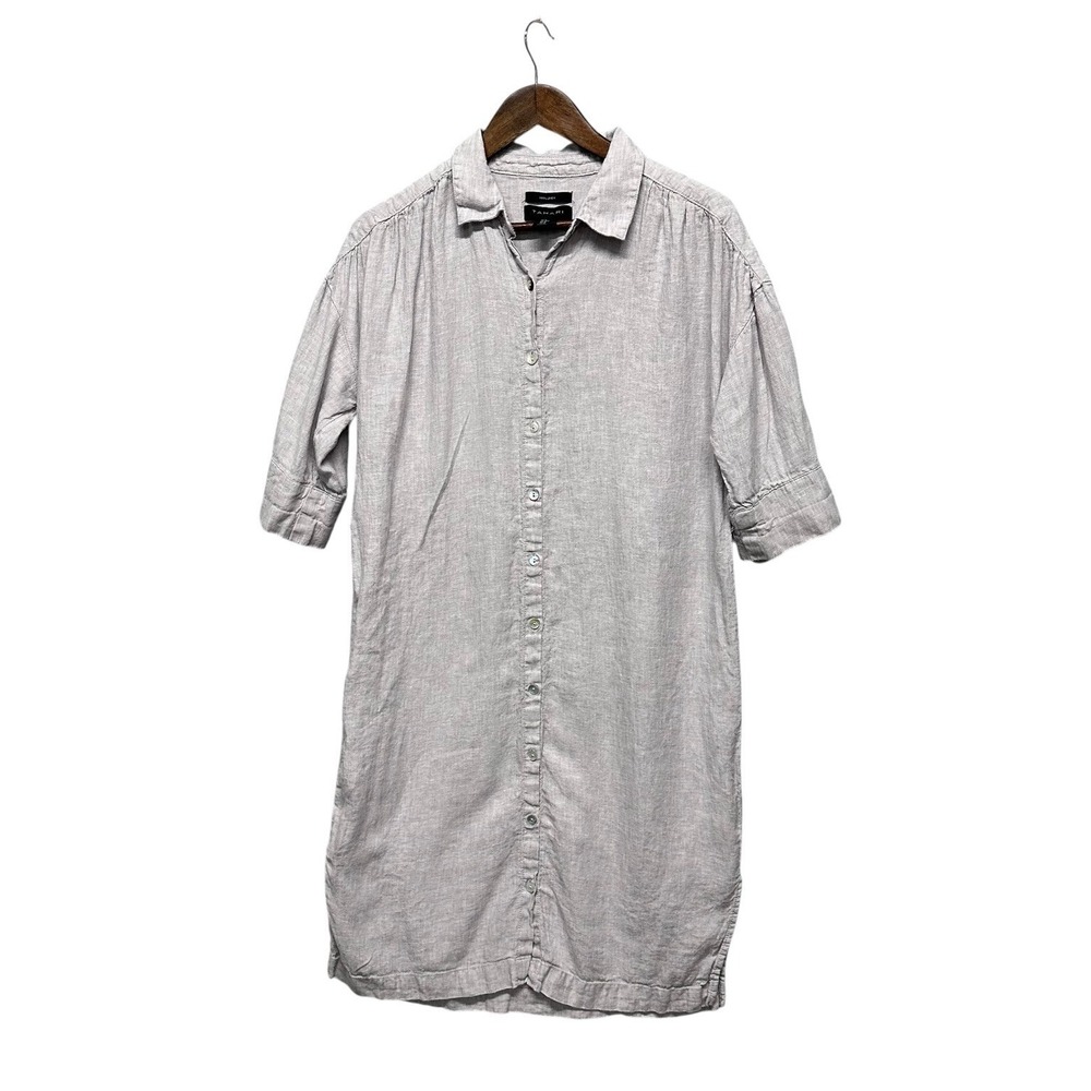 Womens M 100% Linen Dress Button Front Short Sleeve Tunic Lagenlook Minimalist